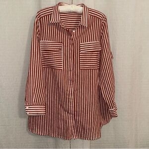 Bella Donna 18 White Red Vertical Striped Long Sleeve Button Down Shirt Tunic